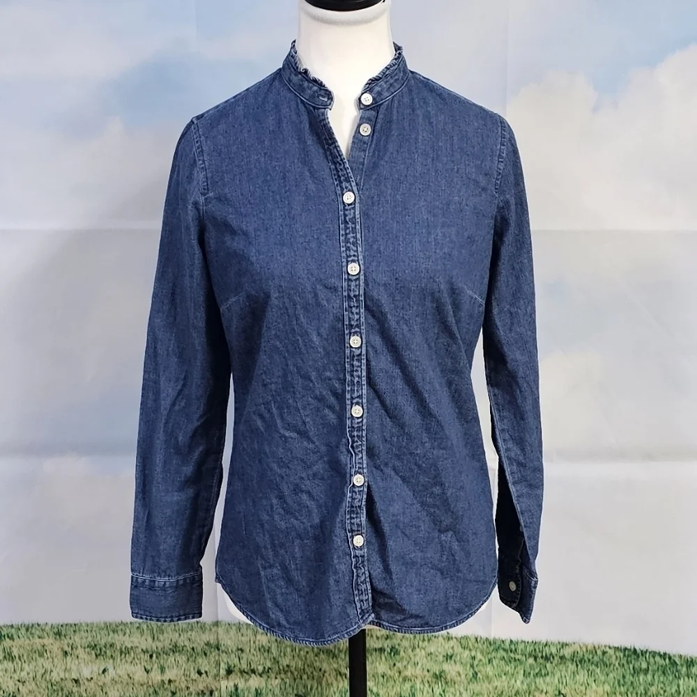 J. CREW | 100% COTTON DENIM RUFFLE NECK BUTTON DOWN BOYFRIEND SHIRT